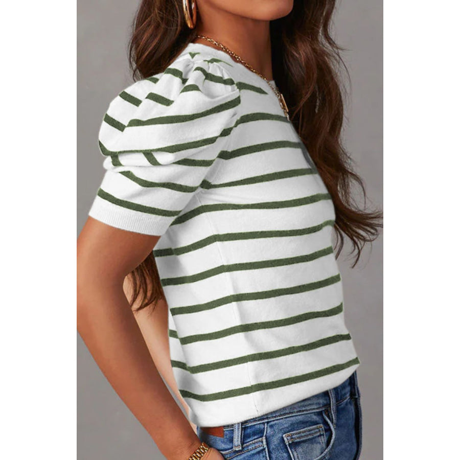 Striped Round Neck Puff Sleeve Knit Top Apparel and Accessories