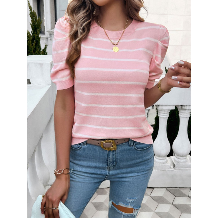 Striped Round Neck Puff Sleeve Knit Top Apparel and Accessories