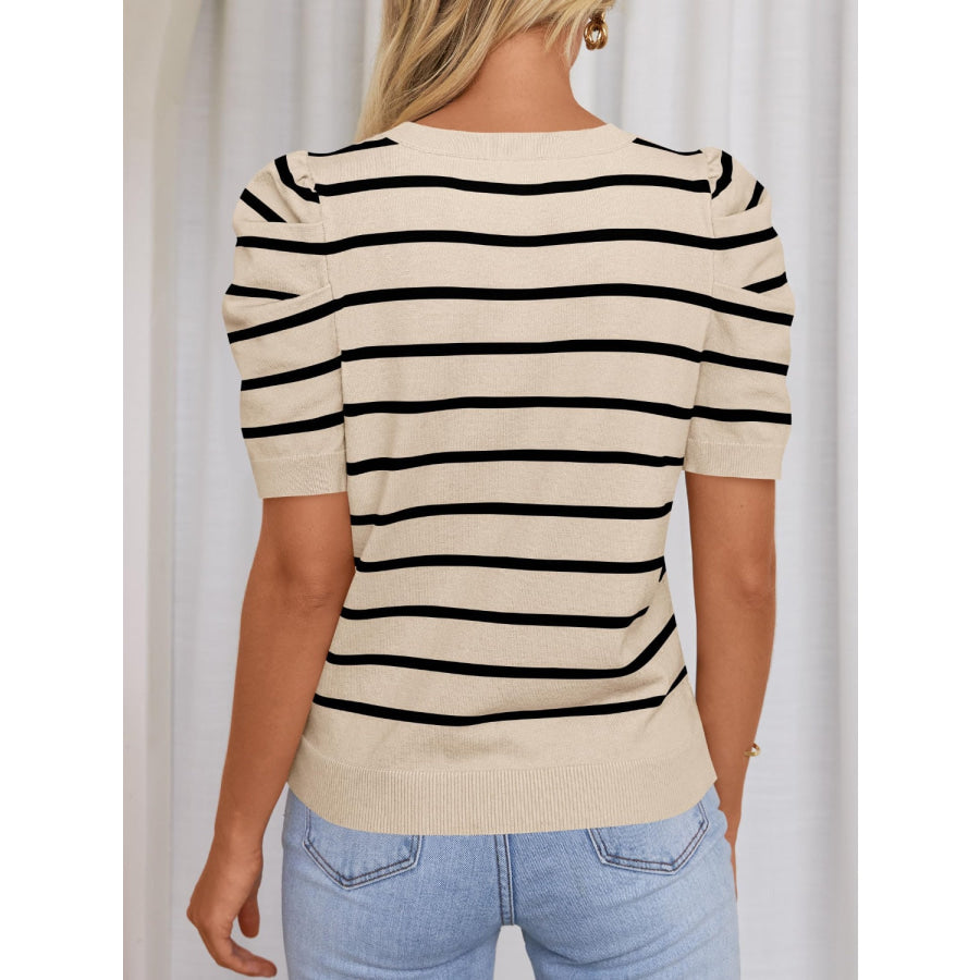 Striped Round Neck Puff Sleeve Knit Top Apparel and Accessories