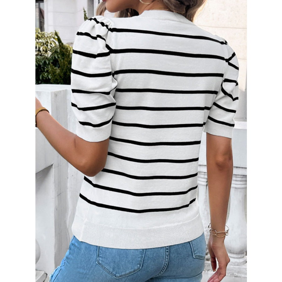 Striped Round Neck Puff Sleeve Knit Top Apparel and Accessories