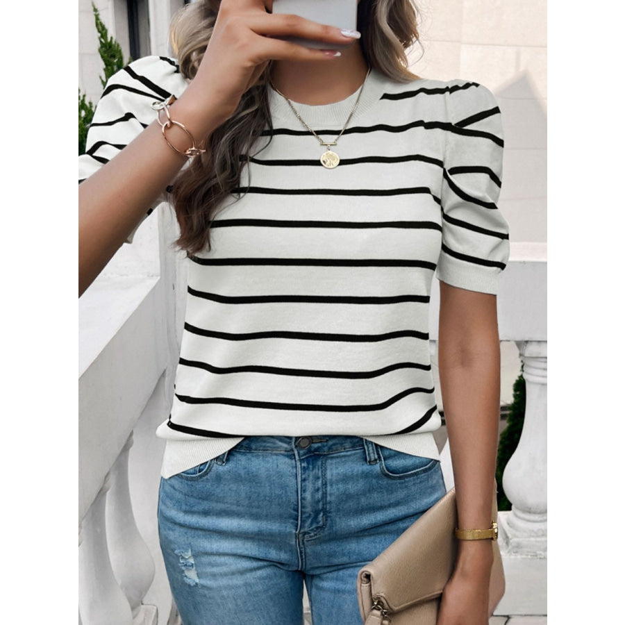 Striped Round Neck Puff Sleeve Knit Top Apparel and Accessories