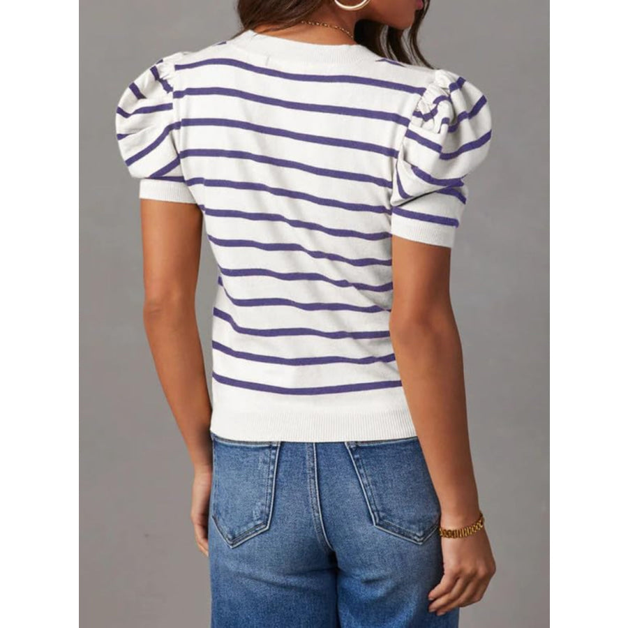 Striped Round Neck Puff Sleeve Knit Top Apparel and Accessories