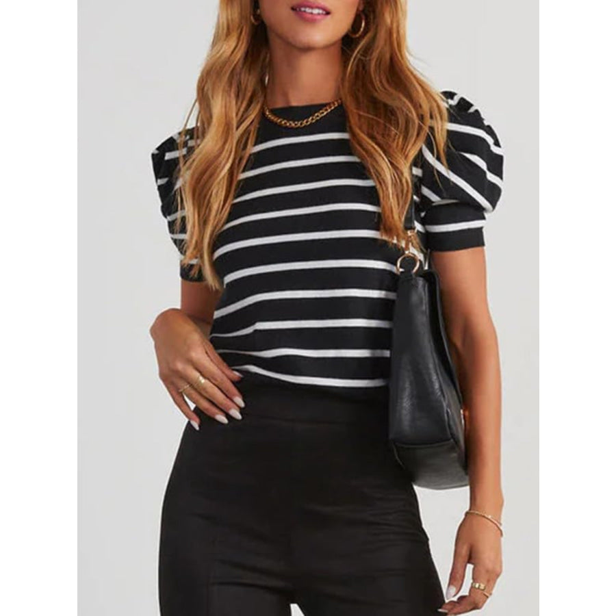 Striped Round Neck Puff Sleeve Knit Top Apparel and Accessories