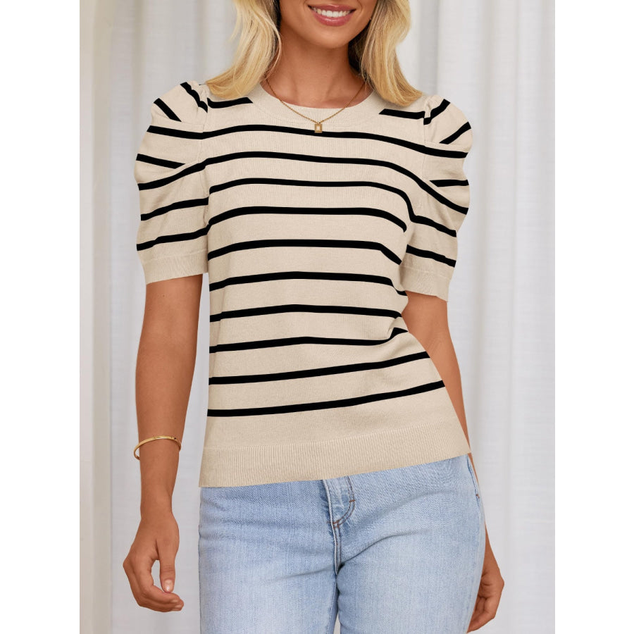 Striped Round Neck Puff Sleeve Knit Top Apparel and Accessories