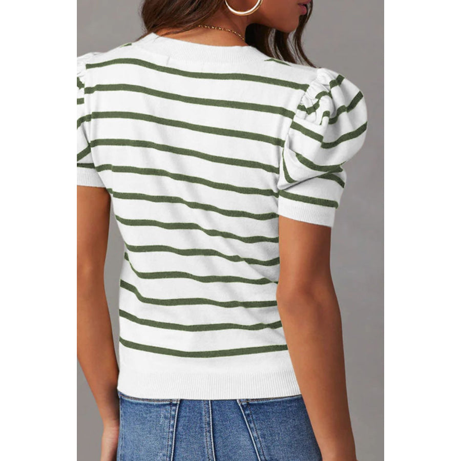 Striped Round Neck Puff Sleeve Knit Top Apparel and Accessories