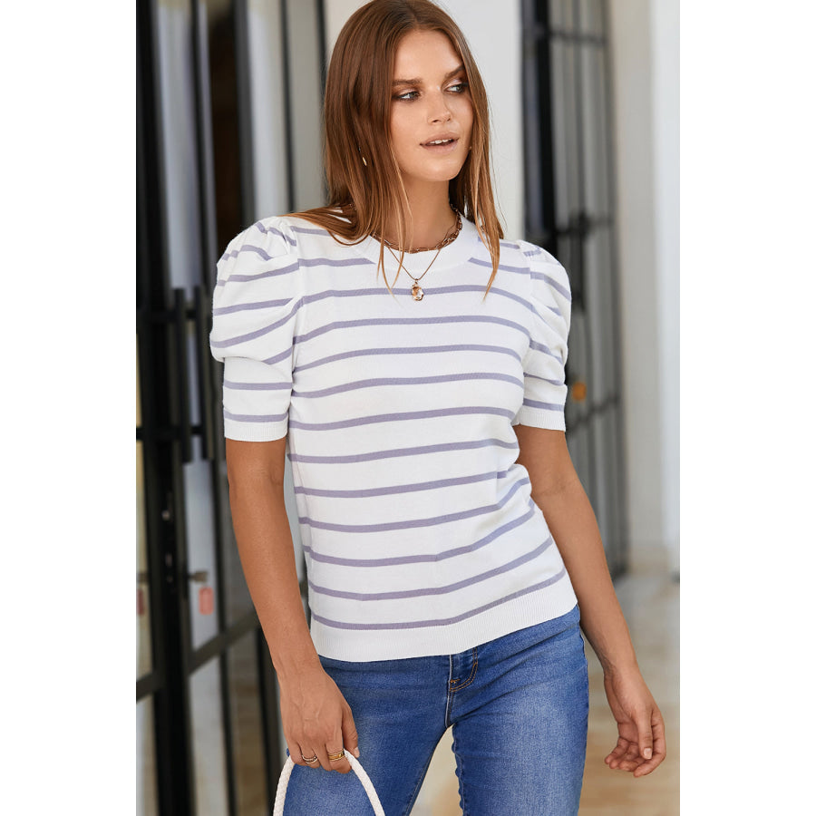 Striped Round Neck Puff Sleeve Knit Top Apparel and Accessories