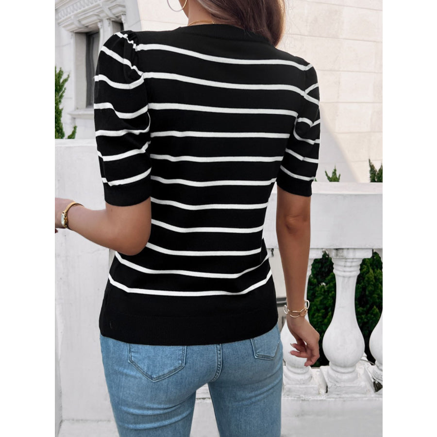 Striped Round Neck Puff Sleeve Knit Top Apparel and Accessories