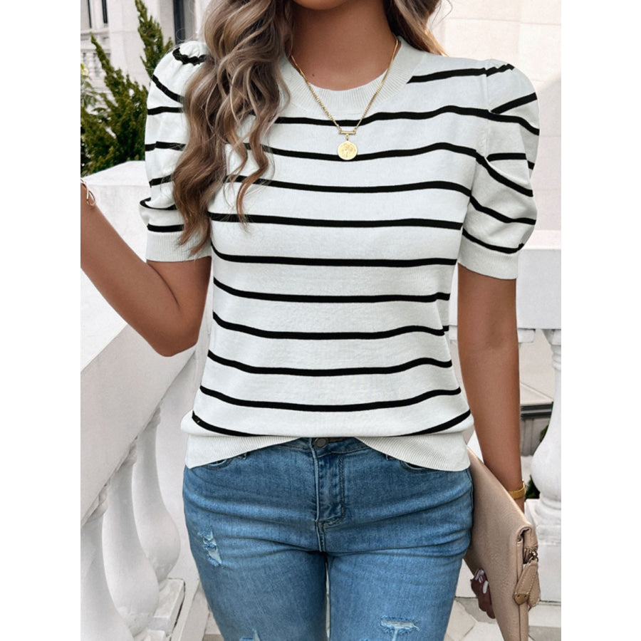 Striped Round Neck Puff Sleeve Knit Top Apparel and Accessories