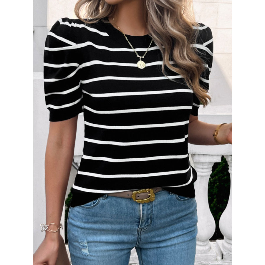 Striped Round Neck Puff Sleeve Knit Top Black / S Apparel and Accessories