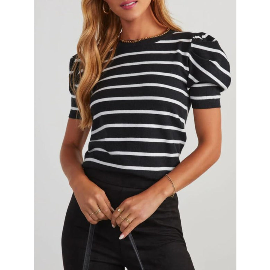 Striped Round Neck Puff Sleeve Knit Top Black / S Apparel and Accessories