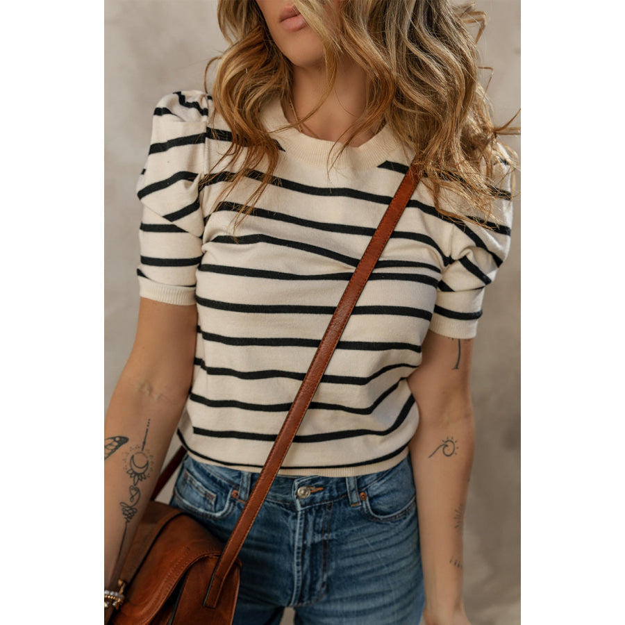 Striped Round Neck Puff Sleeve Knit Top Black / S Apparel and Accessories