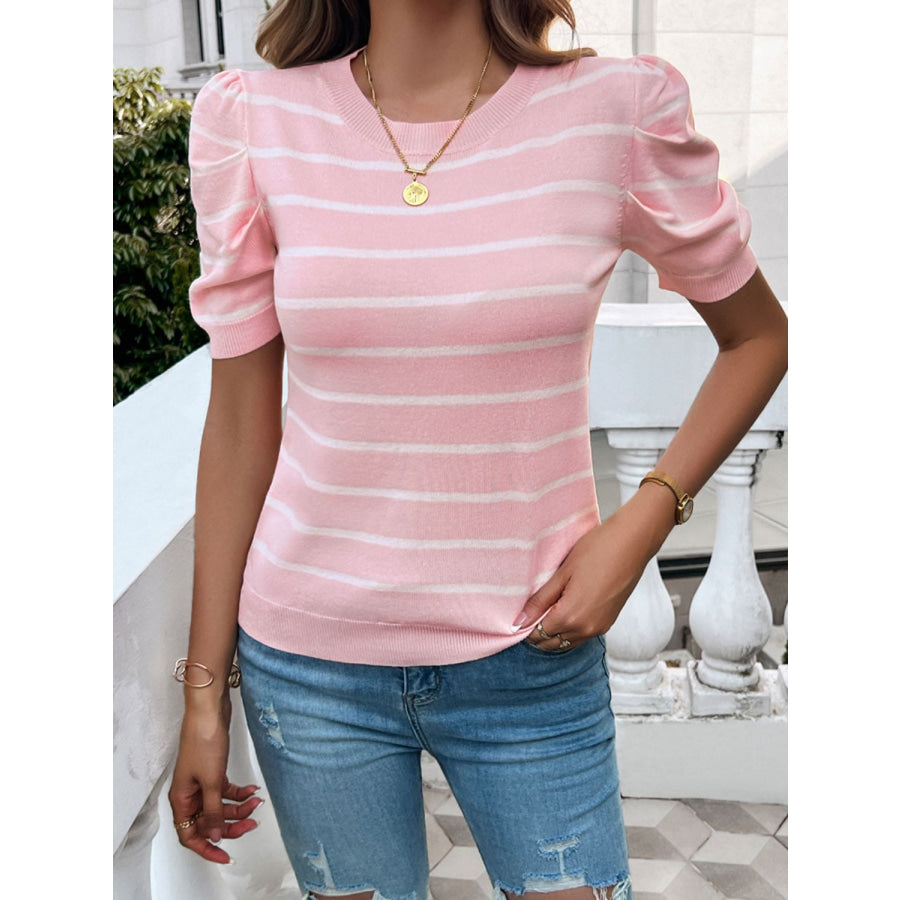 Striped Round Neck Puff Sleeve Knit Top Blush Pink / S Apparel and Accessories