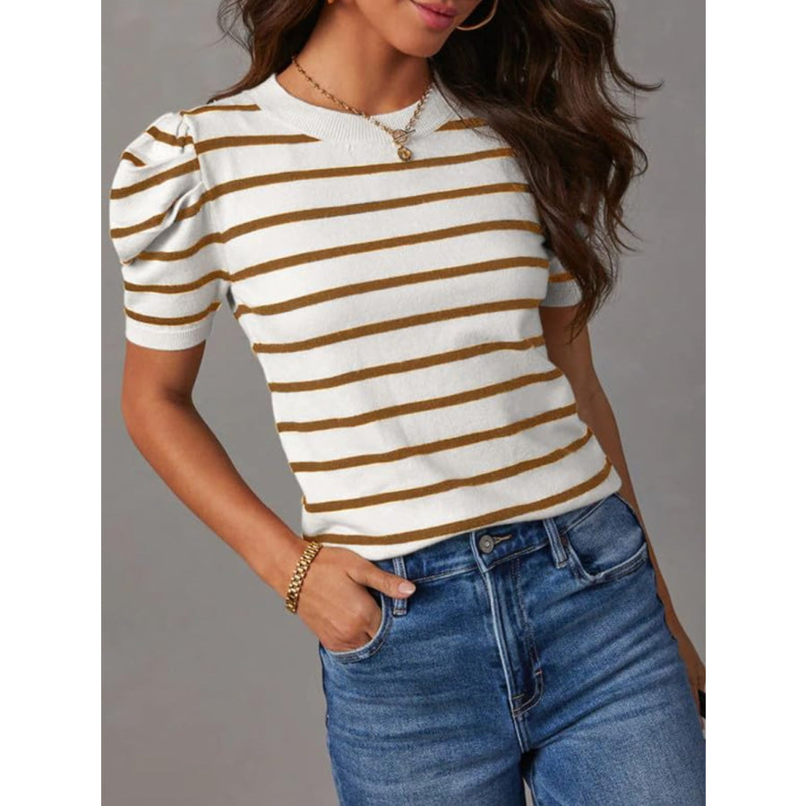 Striped Round Neck Puff Sleeve Knit Top Camel / S Apparel and Accessories