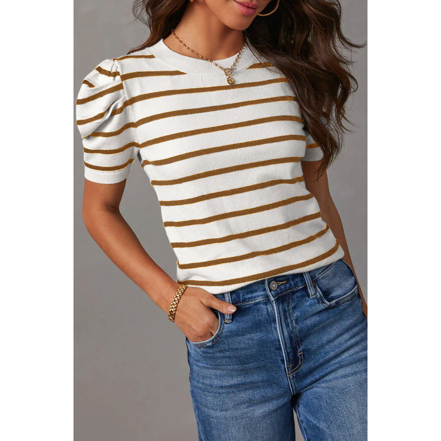 Striped Round Neck Puff Sleeve Knit Top Chestnut / S Apparel and Accessories