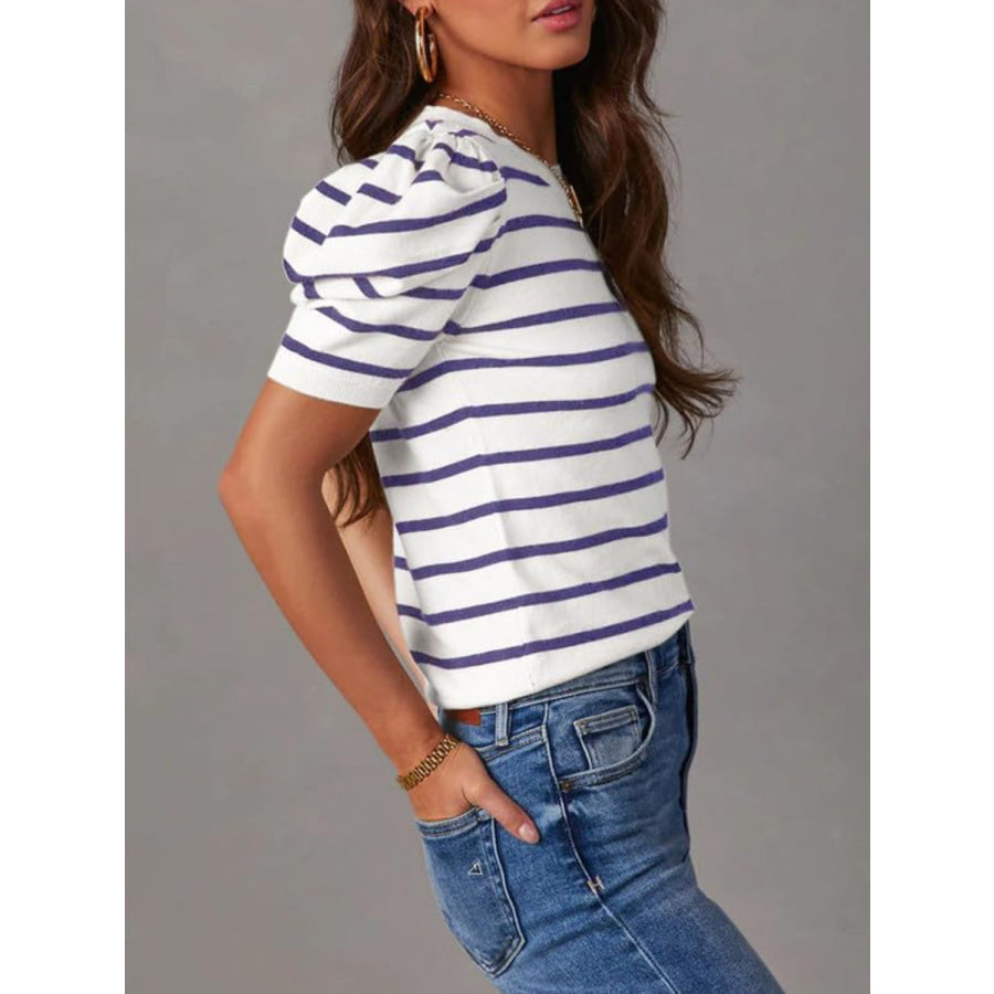 Striped Round Neck Puff Sleeve Knit Top Dusty Blue / S Apparel and Accessories