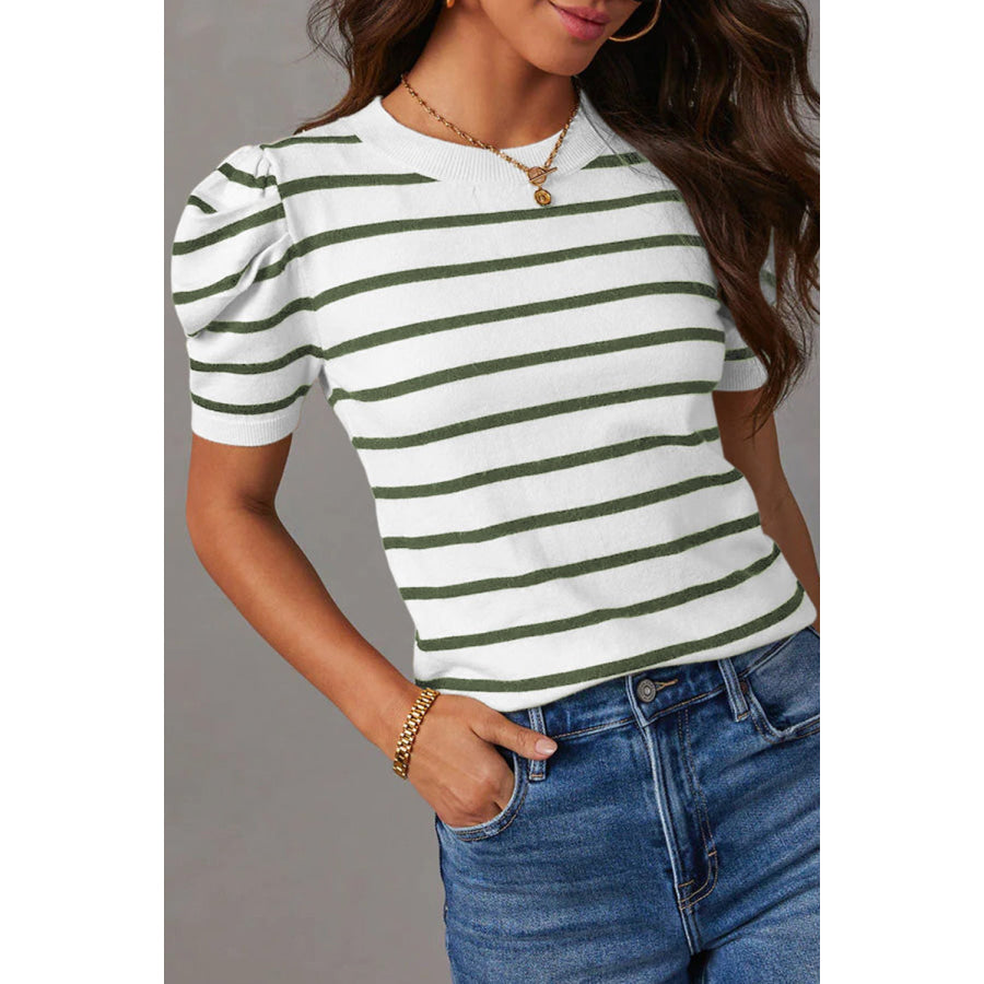 Striped Round Neck Puff Sleeve Knit Top Green / S Apparel and Accessories