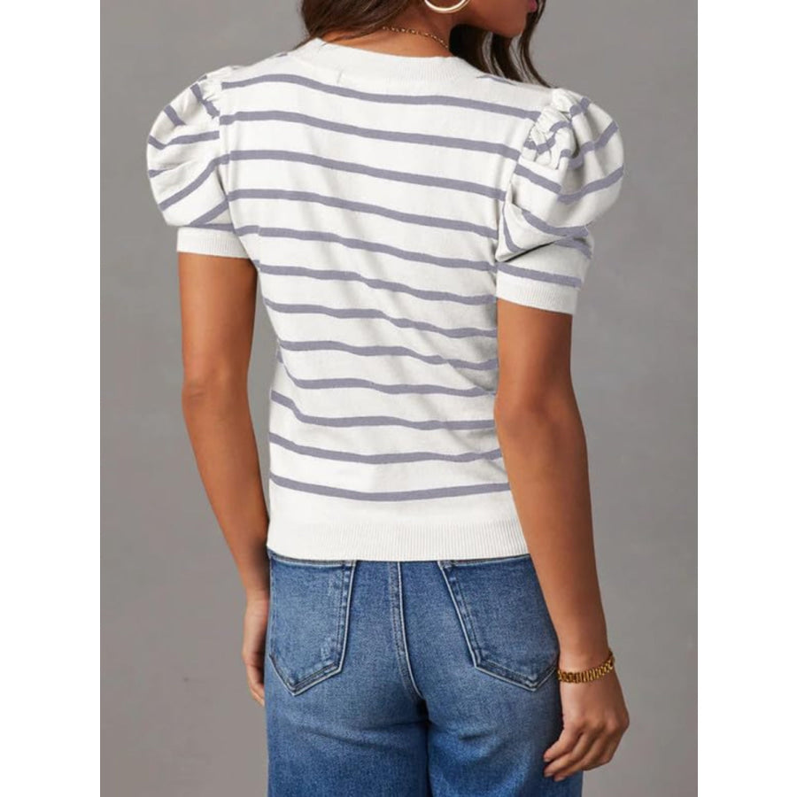 Striped Round Neck Puff Sleeve Knit Top Light Gray / S Apparel and Accessories