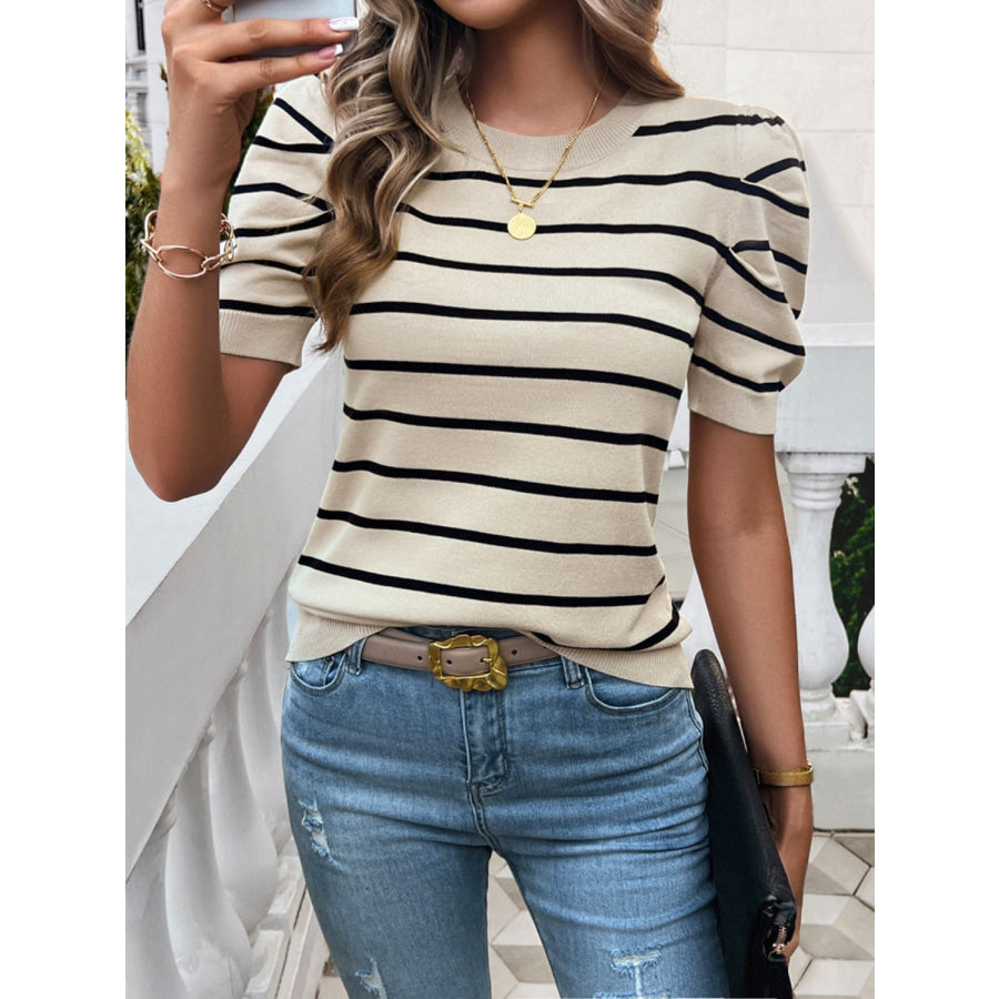 Striped Round Neck Puff Sleeve Knit Top Pastel Yellow / S Apparel and Accessories