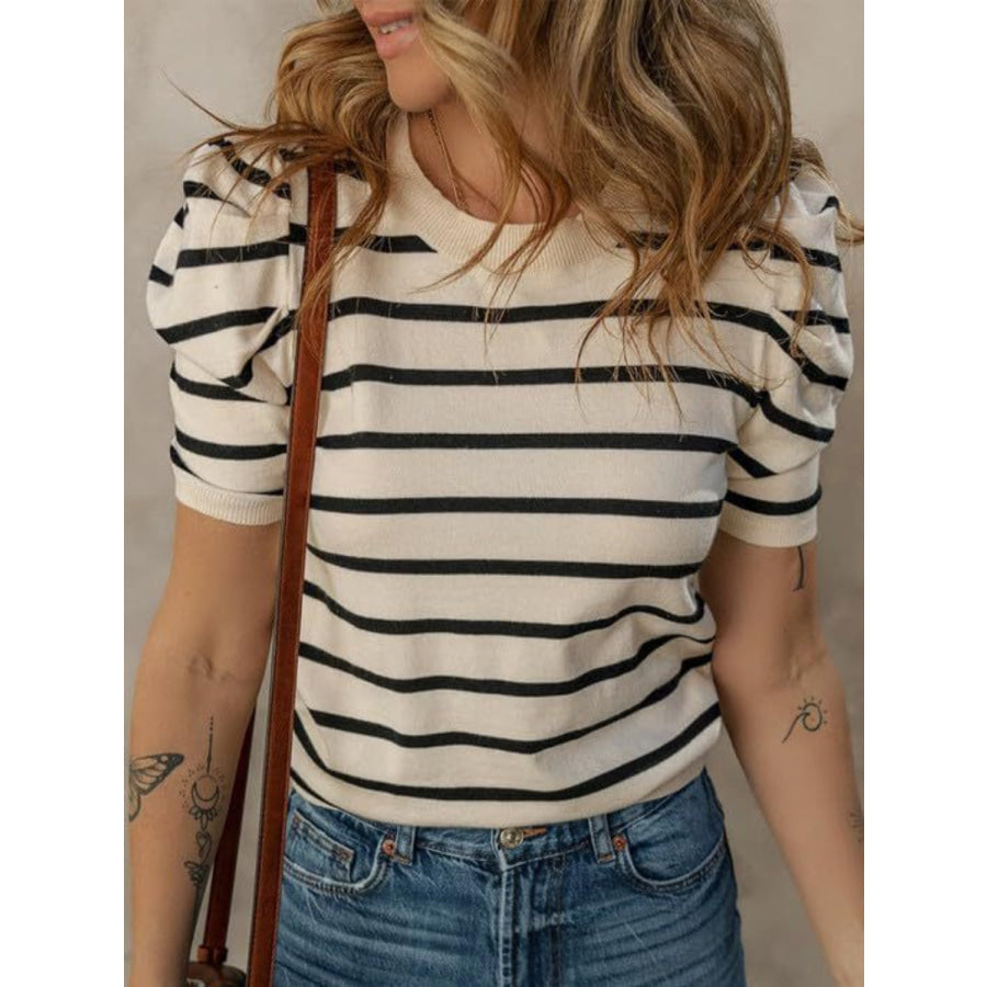 Striped Round Neck Puff Sleeve Knit Top Tan / S Apparel and Accessories