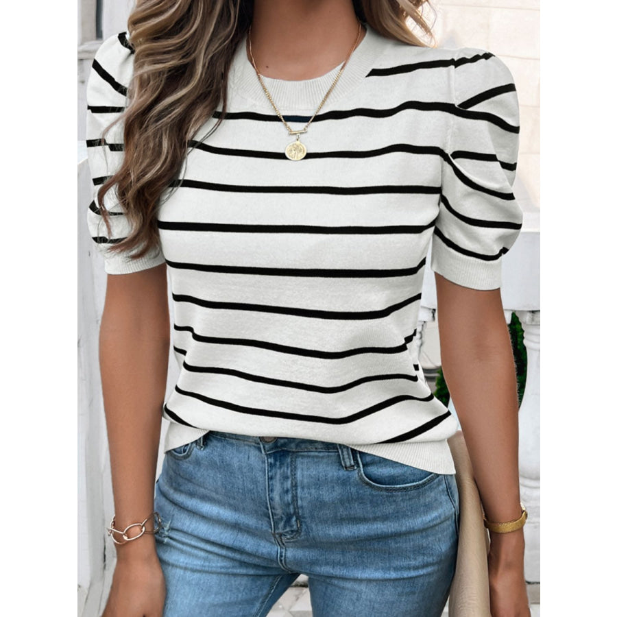 Striped Round Neck Puff Sleeve Knit Top White / S Apparel and Accessories