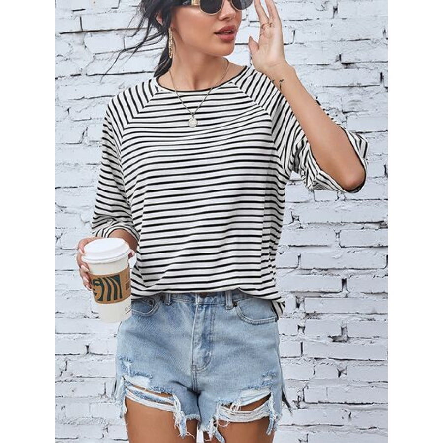 Striped Round Neck Raglan Sleeve T - Shirt Apparel and Accessories