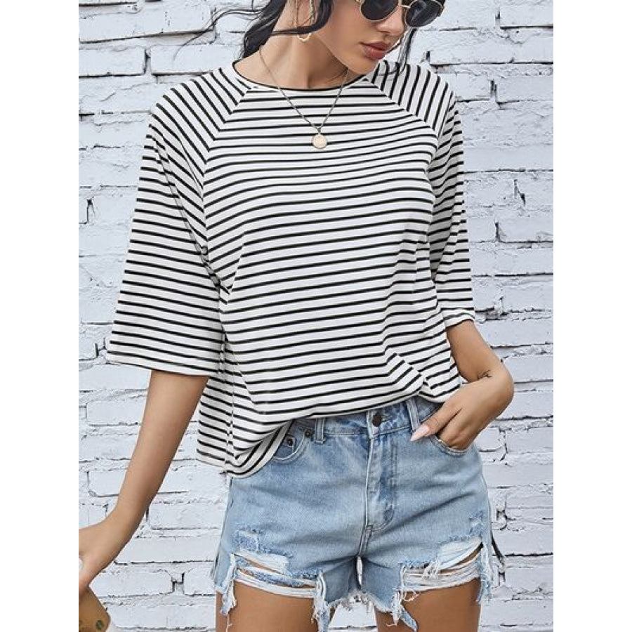 Striped Round Neck Raglan Sleeve T - Shirt Stripe / S Apparel and Accessories