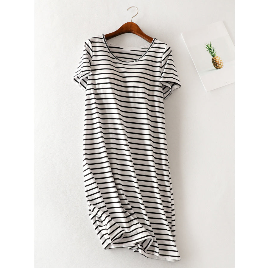 Striped Round Neck Short Sleeve Dress Black/White / M Apparel and Accessories