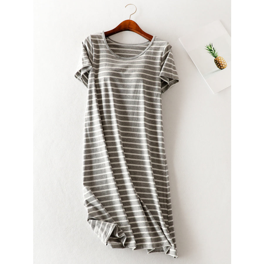 Striped Round Neck Short Sleeve Dress Gray/White / M Apparel and Accessories