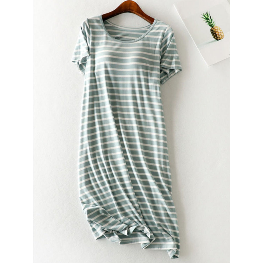 Striped Round Neck Short Sleeve Dress Green/White / M Apparel and Accessories