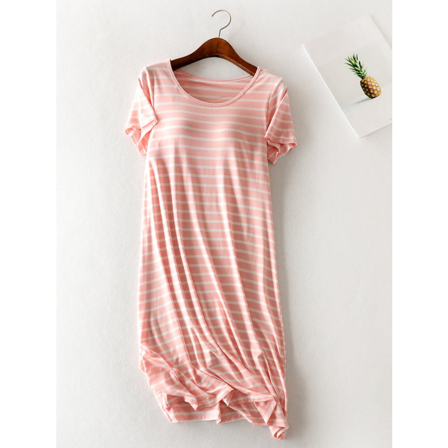 Striped Round Neck Short Sleeve Dress Pink/White / M Apparel and Accessories