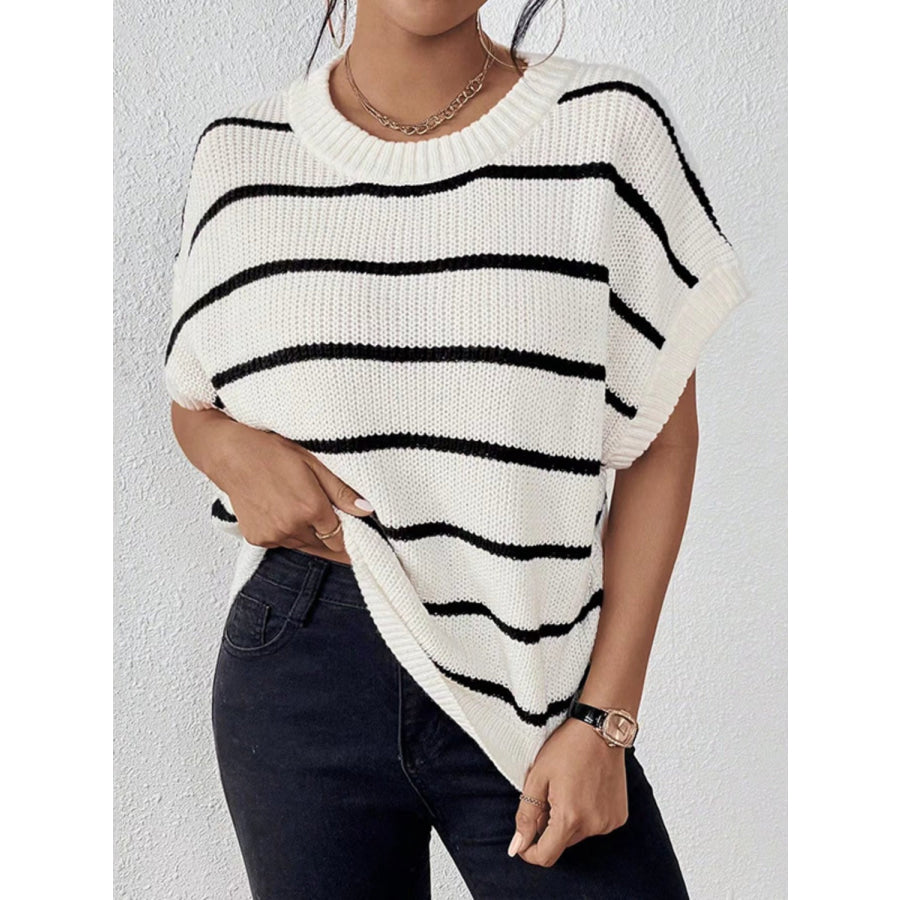 Striped Round Neck Short Sleeve Knit Top Apparel and Accessories