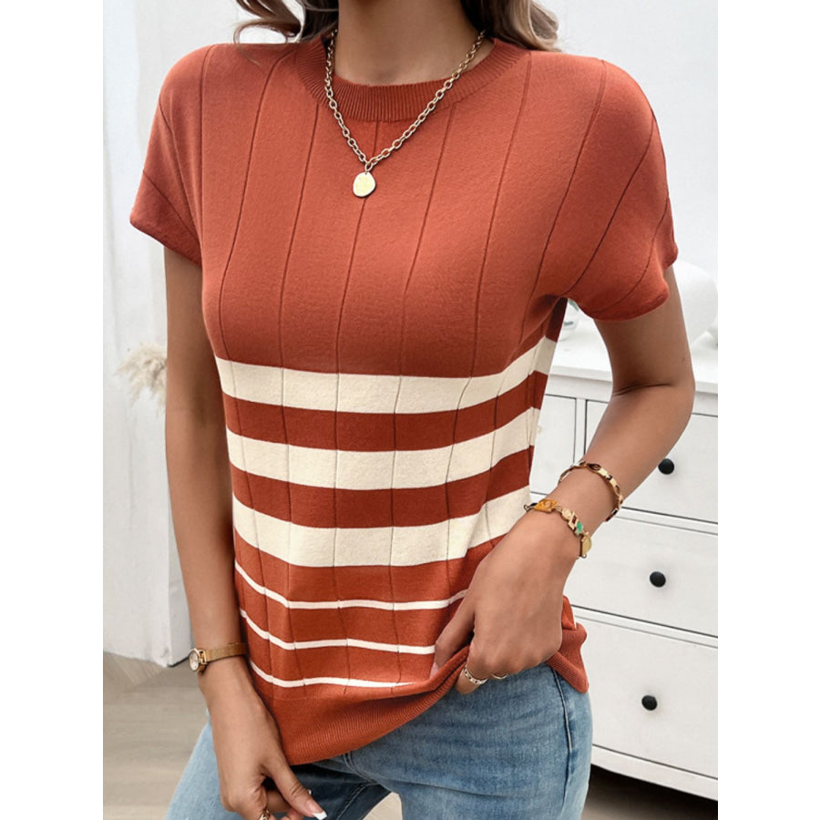 Striped Round Neck Short Sleeve Knit Top Apparel and Accessories