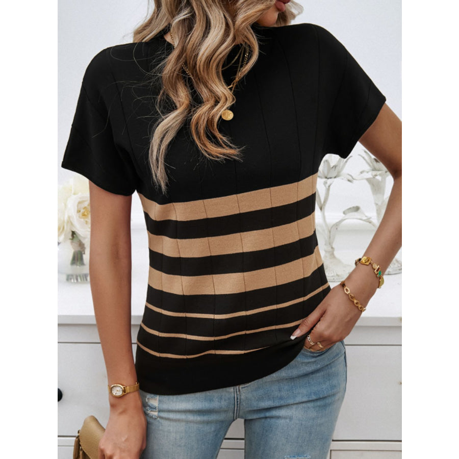 Striped Round Neck Short Sleeve Knit Top Apparel and Accessories