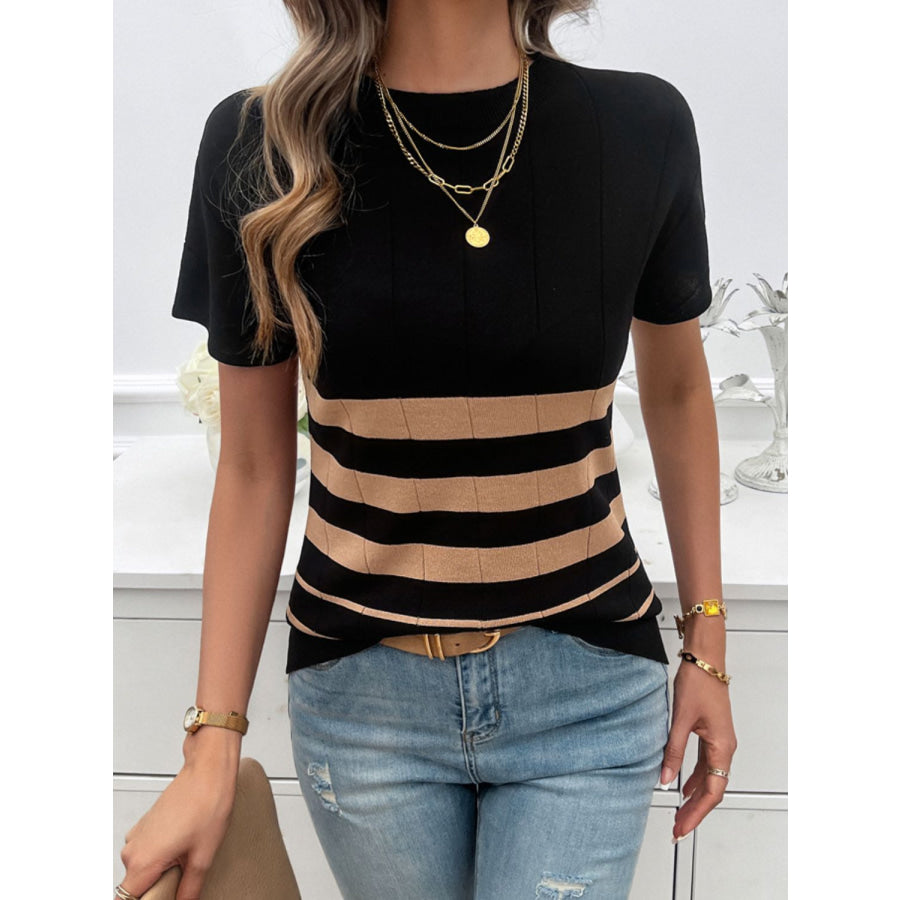 Striped Round Neck Short Sleeve Knit Top Apparel and Accessories