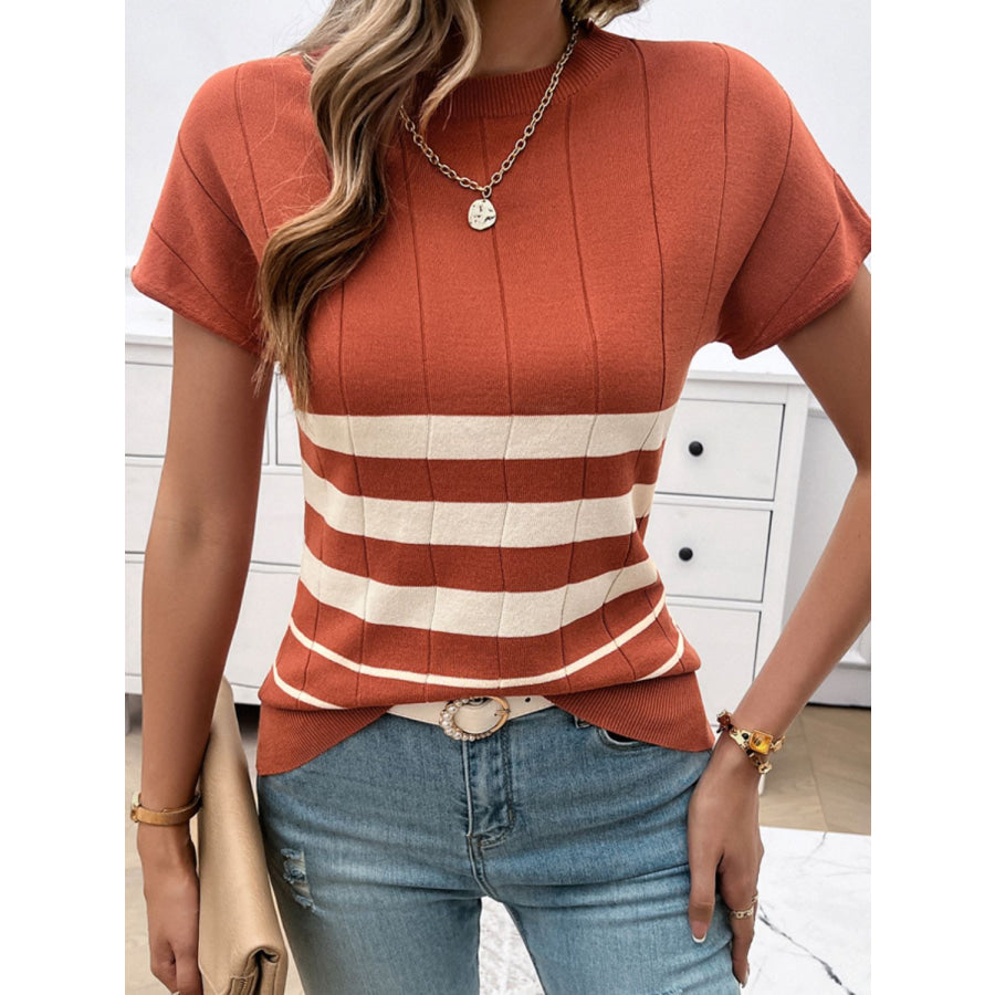 Striped Round Neck Short Sleeve Knit Top Apparel and Accessories