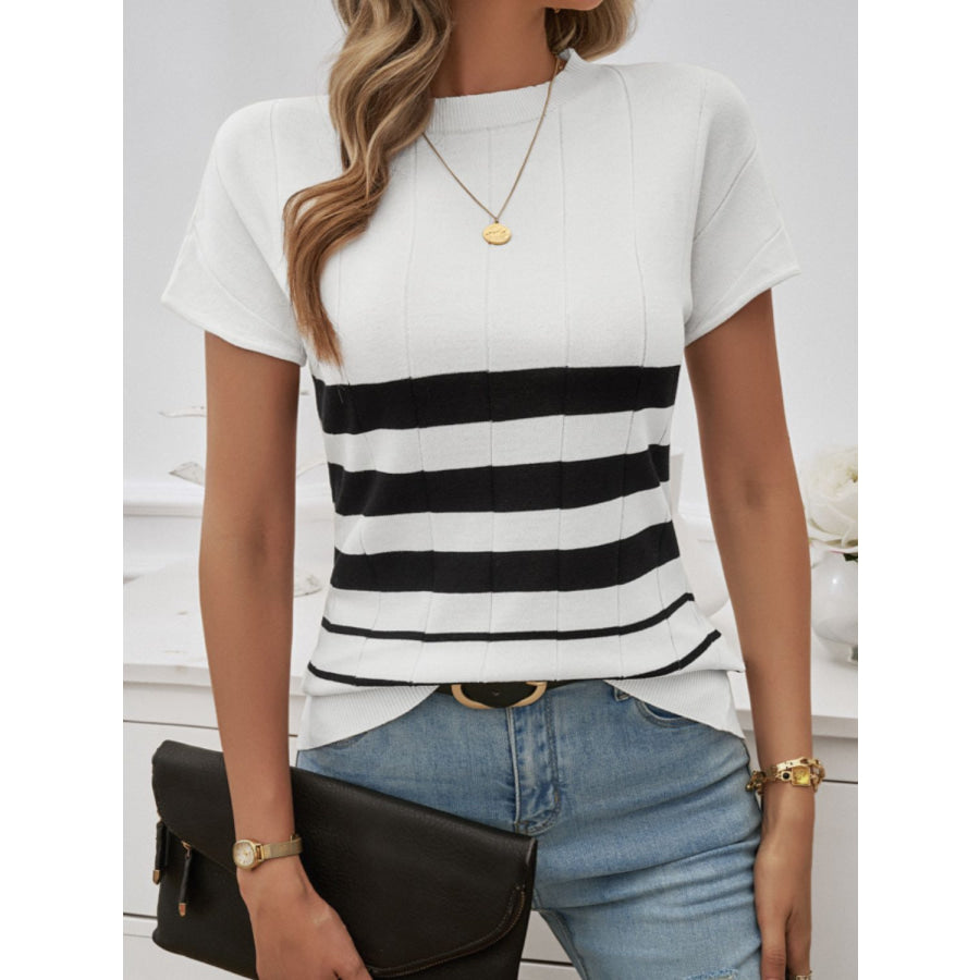 Striped Round Neck Short Sleeve Knit Top Apparel and Accessories