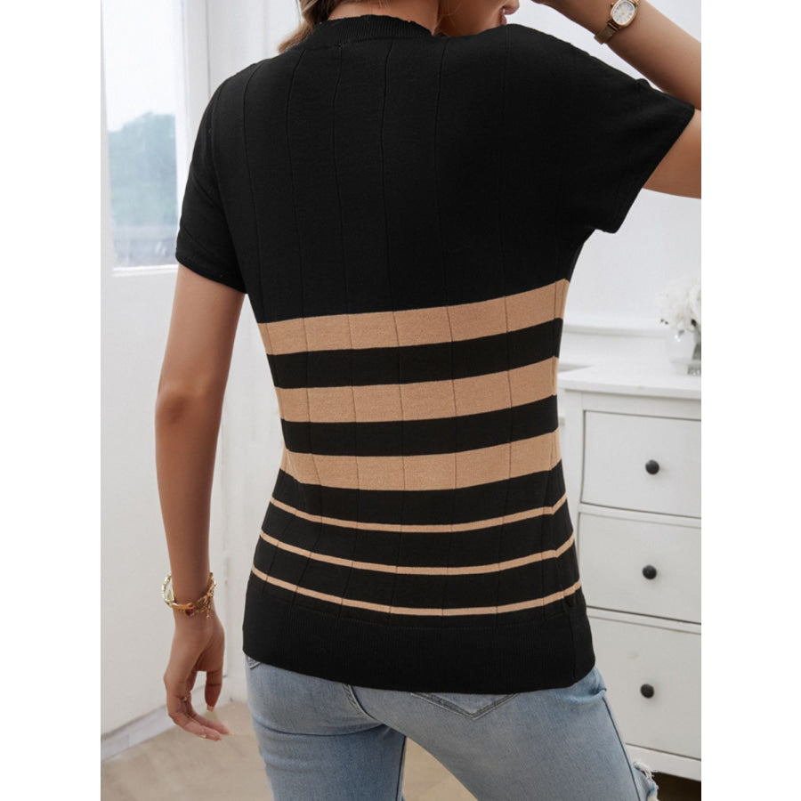 Striped Round Neck Short Sleeve Knit Top Apparel and Accessories