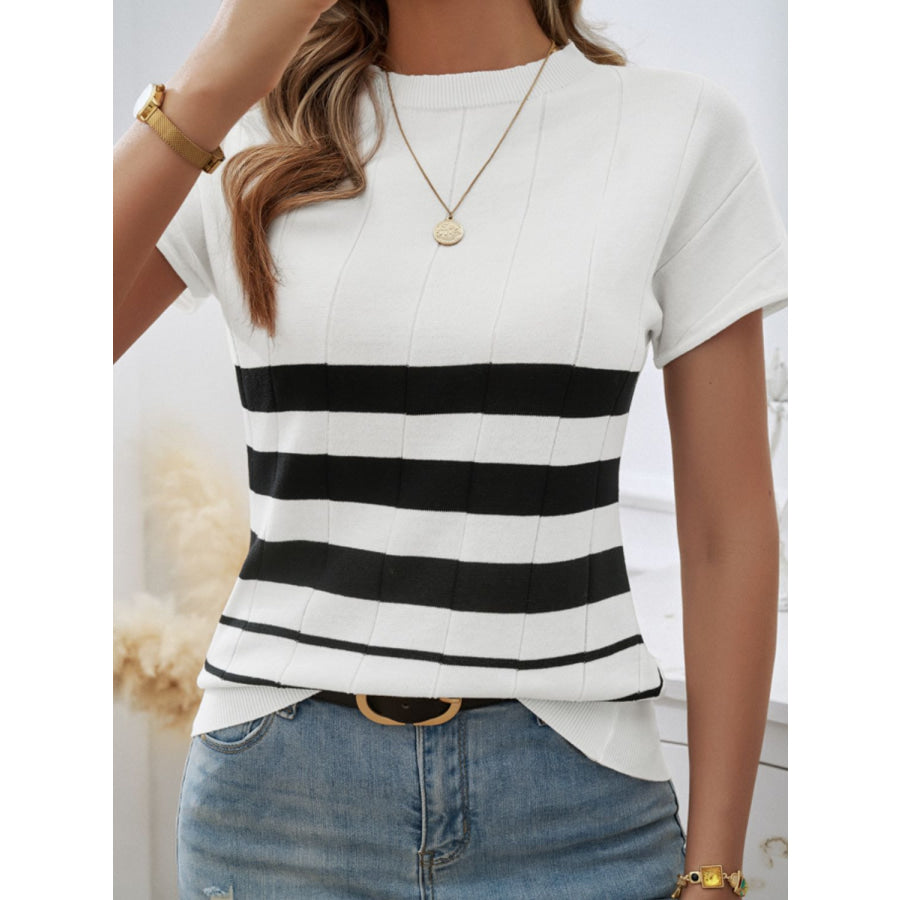 Striped Round Neck Short Sleeve Knit Top Apparel and Accessories