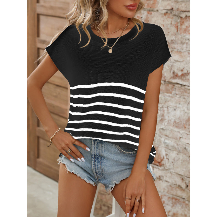 Striped Round Neck Short Sleeve Knit Top Apparel and Accessories