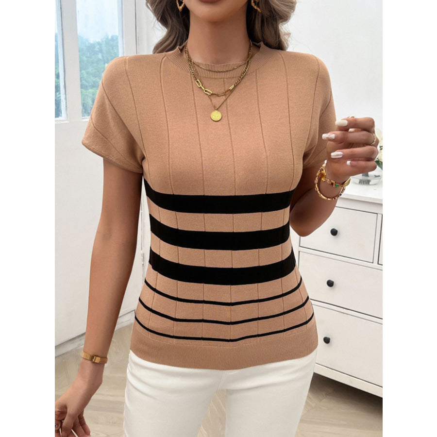 Striped Round Neck Short Sleeve Knit Top Apparel and Accessories