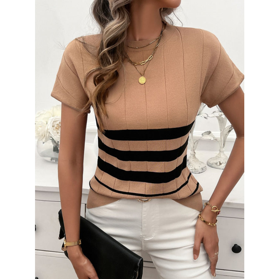 Striped Round Neck Short Sleeve Knit Top Apparel and Accessories