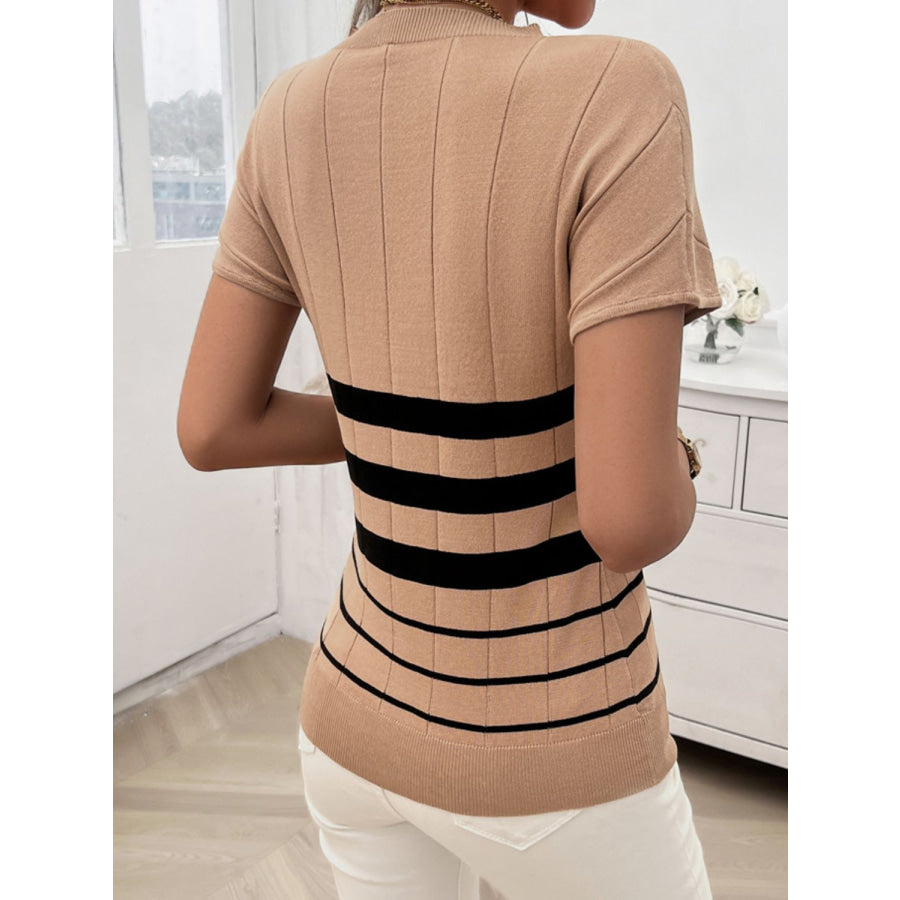 Striped Round Neck Short Sleeve Knit Top Apparel and Accessories