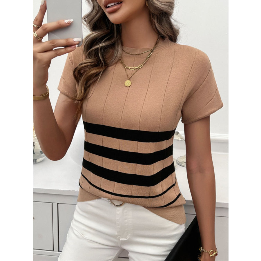 Striped Round Neck Short Sleeve Knit Top Apparel and Accessories