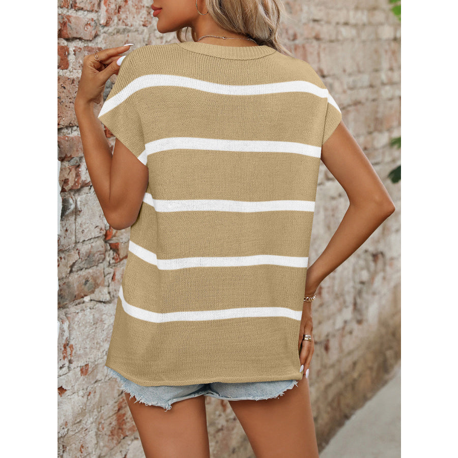 Striped Round Neck Short Sleeve Knit Top Apparel and Accessories