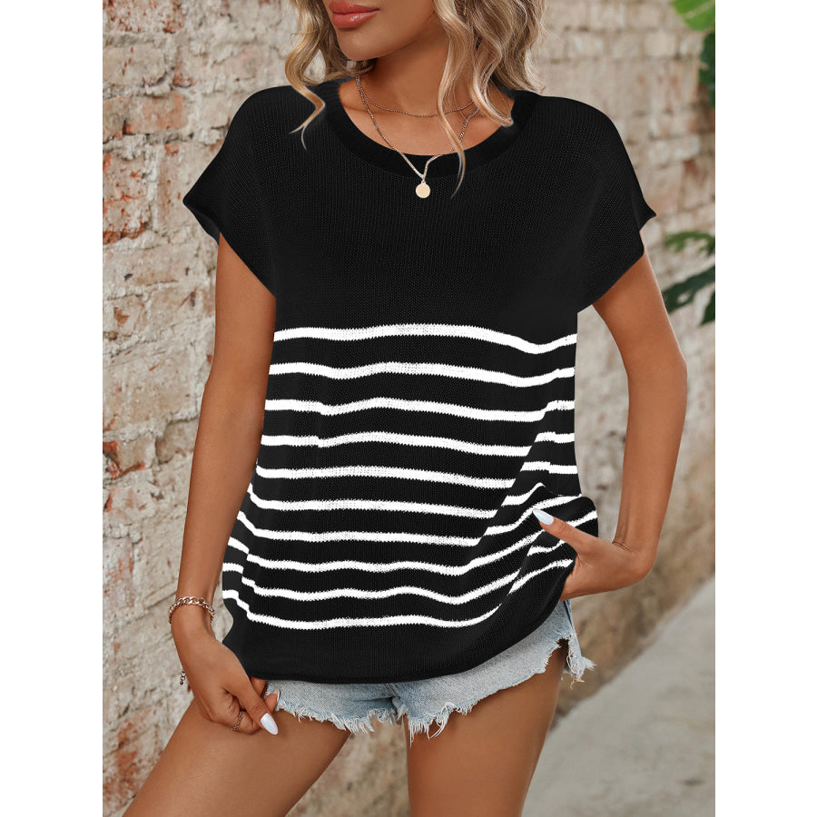 Striped Round Neck Short Sleeve Knit Top Black / S Apparel and Accessories