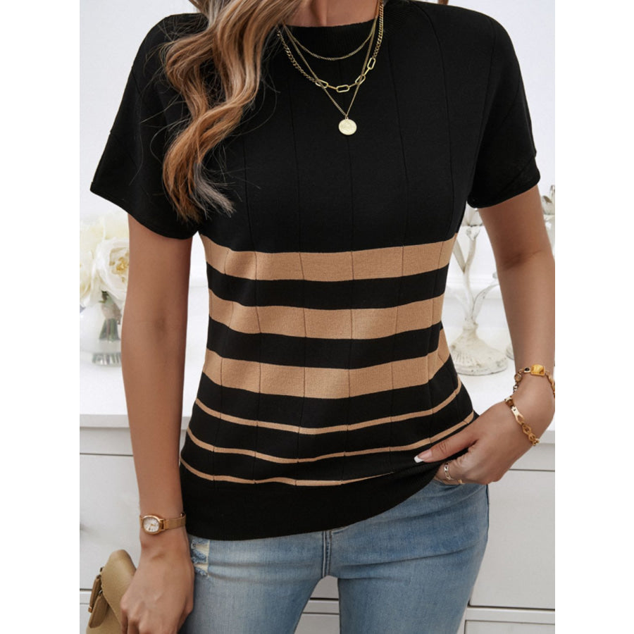 Striped Round Neck Short Sleeve Knit Top Black / S Apparel and Accessories