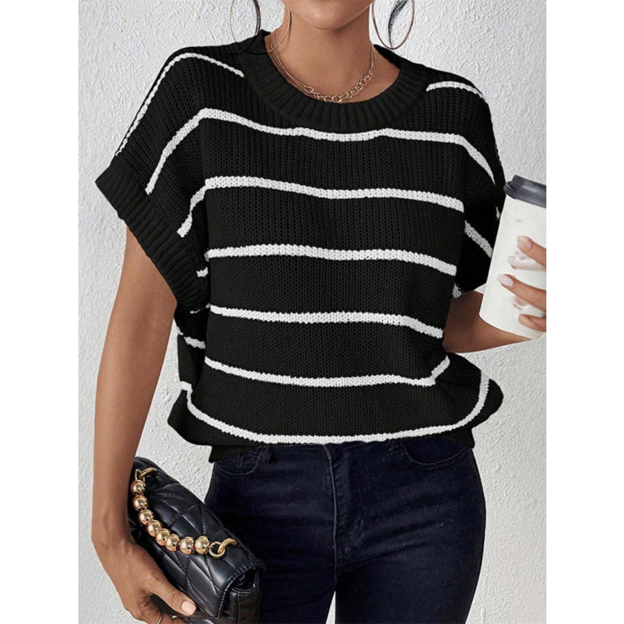 Striped Round Neck Short Sleeve Knit Top Black / S Apparel and Accessories