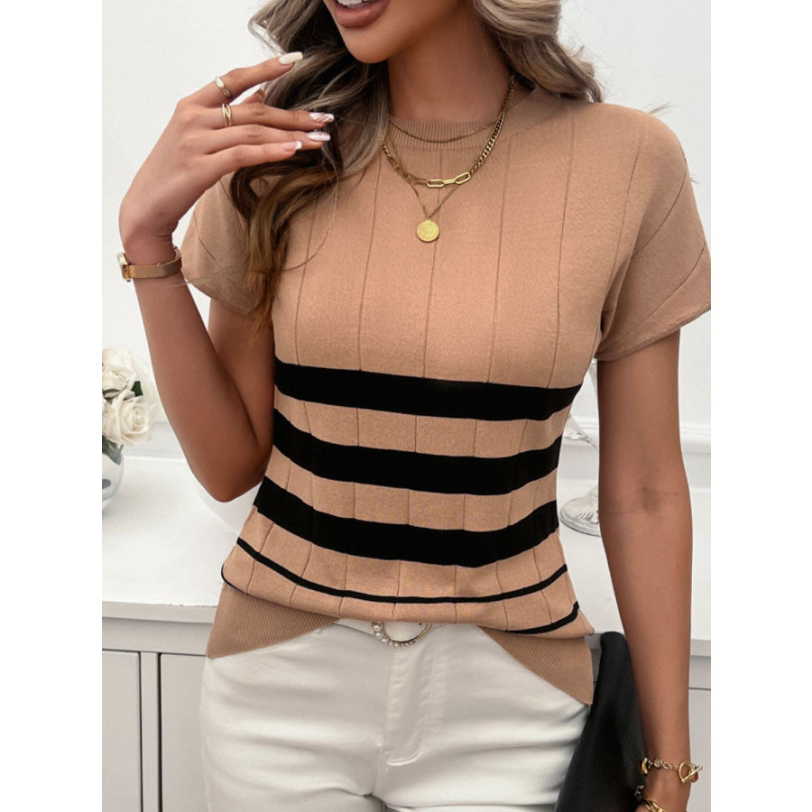 Striped Round Neck Short Sleeve Knit Top Camel / S Apparel and Accessories