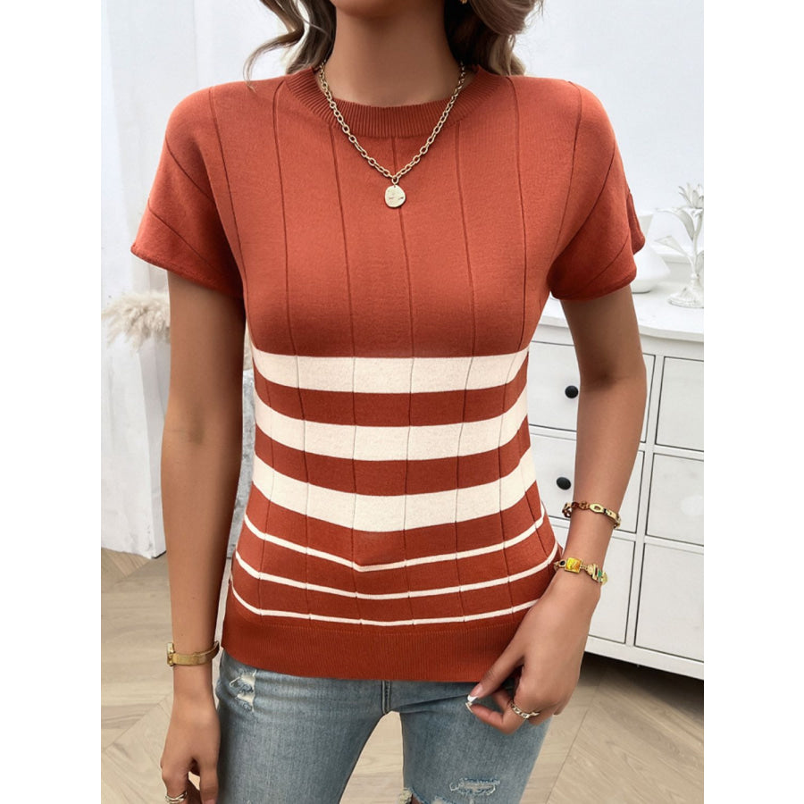 Striped Round Neck Short Sleeve Knit Top Orange-Red / S Apparel and Accessories