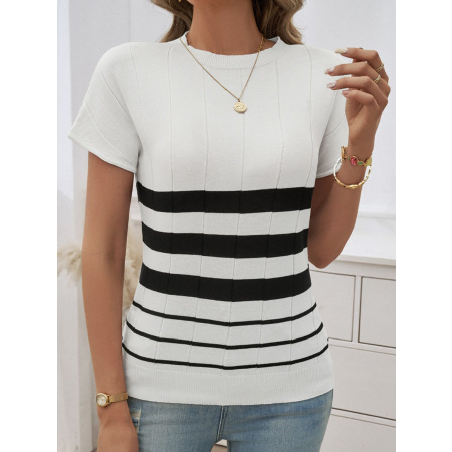 Striped Round Neck Short Sleeve Knit Top White / S Apparel and Accessories